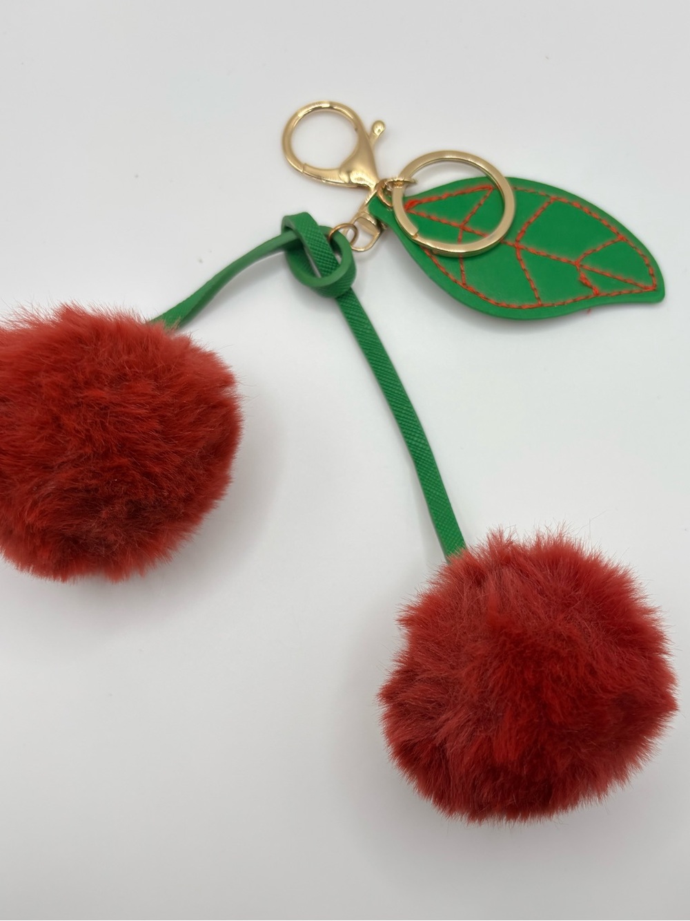 Red Cherry Pom Pom Keychain Bag Charm Gold Hardware NWOT - Picture 2 of 3